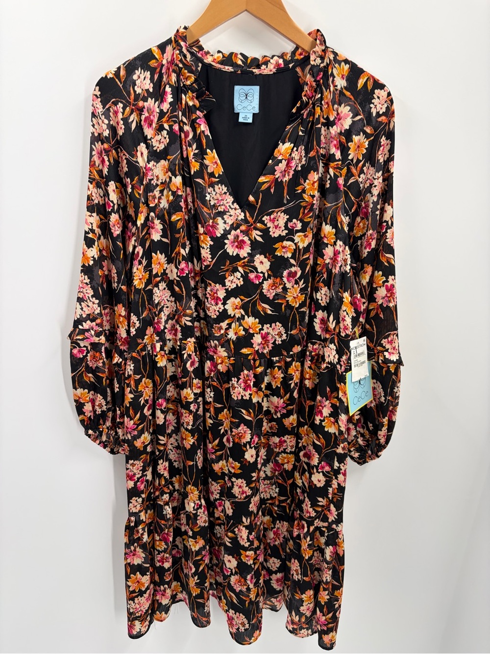 NWT CeCe Rich Black Floral Tiered Chiffon Mini Dress Plus Size 2X - Picture 2 of 8